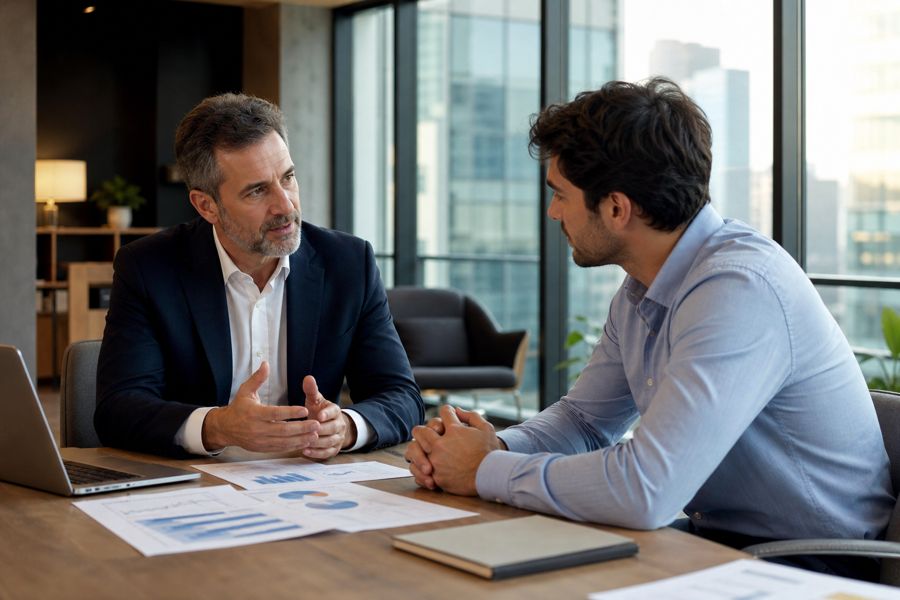 MGtal consultant discussing a kiosk project with a client