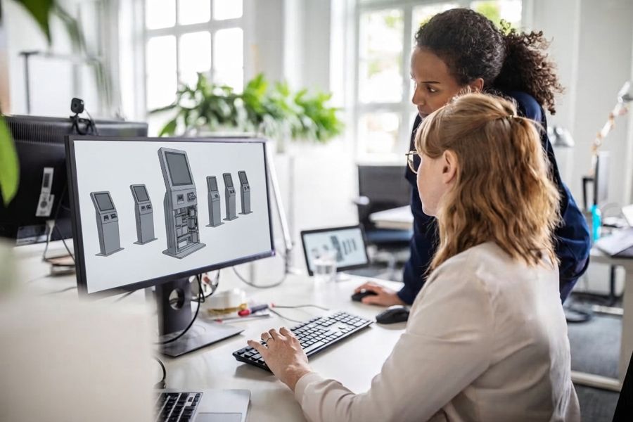Two designers reviewing 3D kiosk models on a screen